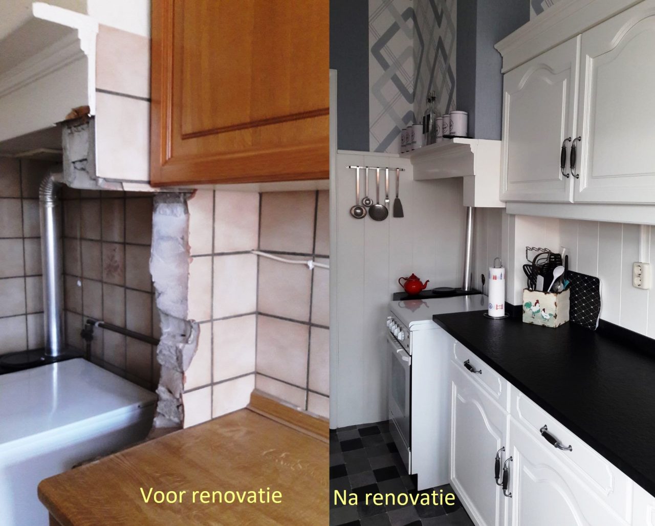 Keuken renovatie met een granieten werkblad, een nieuwe nostalgische kraan en een vlakinbouw rvs spoelbak.